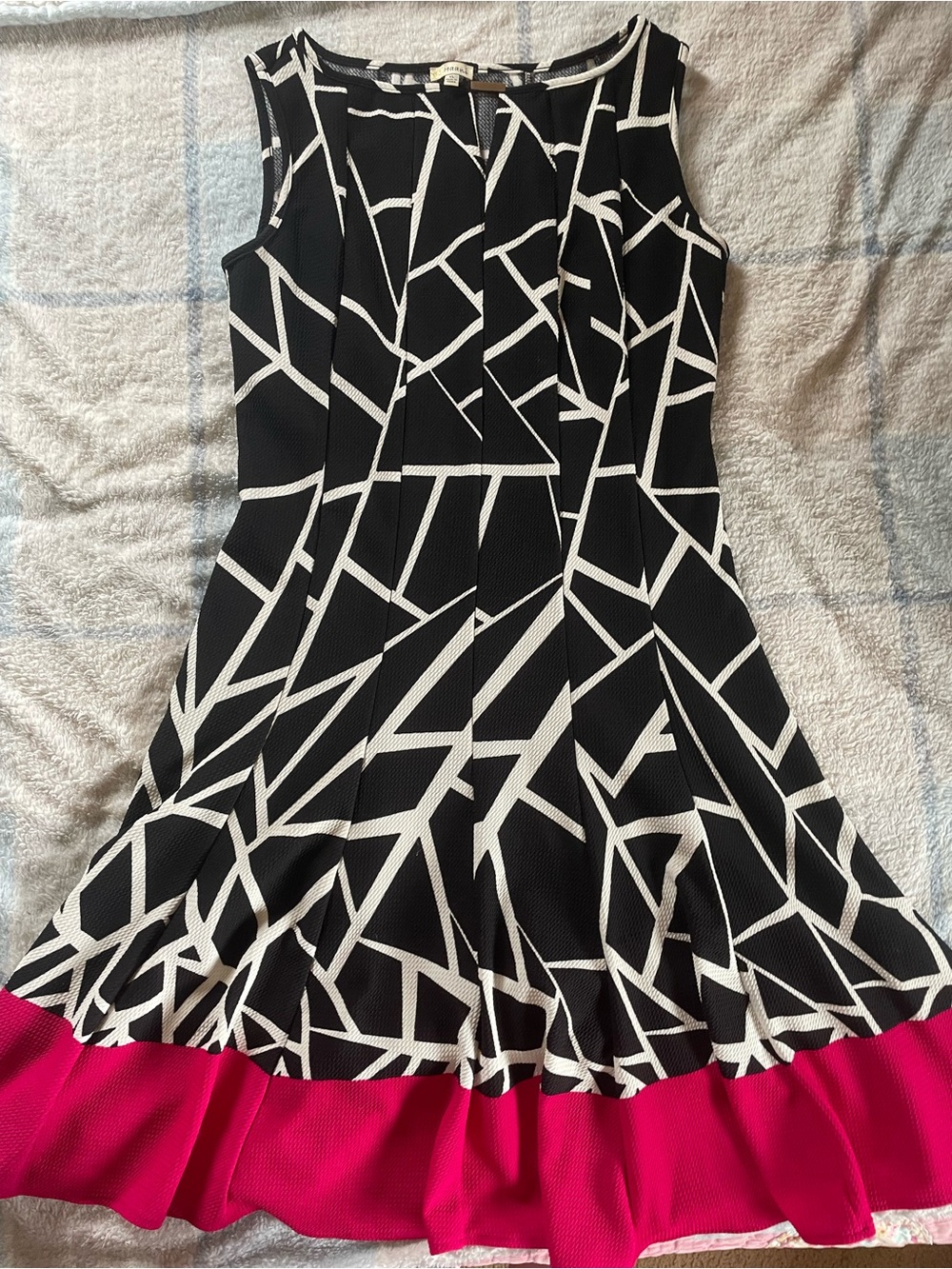 Haani Black & White Geometric Midi Dress with Pink Ruffle Hem